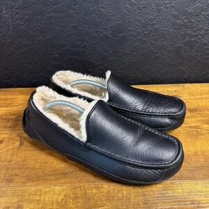 UGG Ascot 5379 Black Pebbled Leather Sheepskin Slipper Mens Size 12